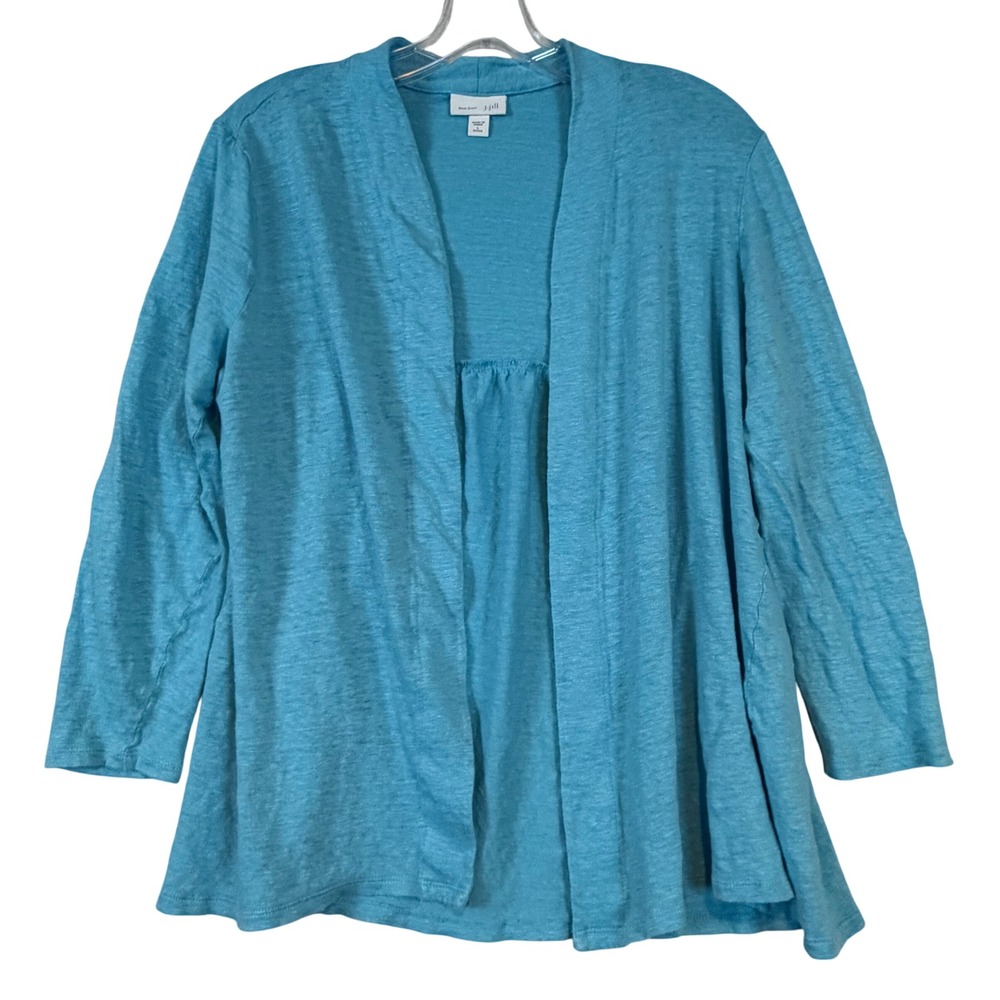 J. Jill Love Linen Cardigan Turquoise Blue Linen Open Front Petite •L• Layering